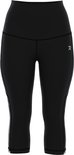 Zwarte driekwart sportlegging met een zilverkleurig logo op de heup en mesh-details.