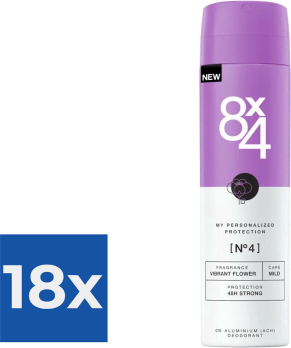 Goedkoopste 8x4 Deodorant Spray No 4 Vibrant Flower 150 ml - Voordeelverpakking 18 stuks