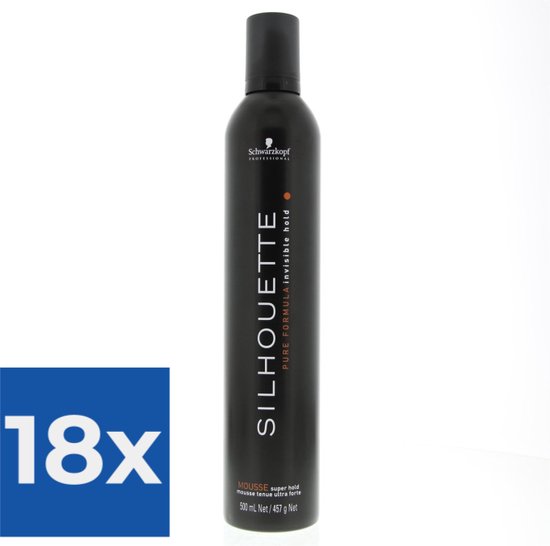 Zwarte bus met Schwarzkopf Silhouette Super Hold Mousse, 500ml. "18x" in blauwe rechthoek.