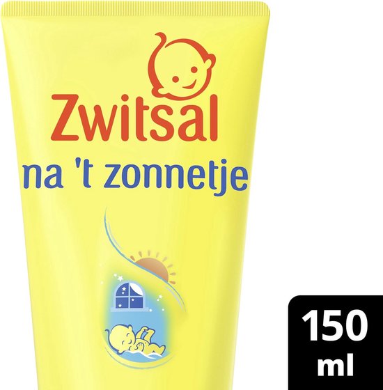 Gele tube Zwitsal na 't zonnetje. Zwart logo Zwitsal, blauwe tekst "na 't zonnetje" en "après-soleil".