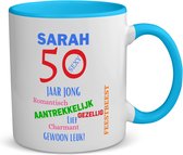 Akyol - sarah 50 jaar jong koffiemok - theemok - blauw - 49+1 - mensen die 50 zijn geworden - 50 jaar sarah en abraham cadeau - jubileum man en vrouw - mok met opdruk - verjaardagsmok - grappige tekst mok - jarig - verjaardag - 350 ML inhoud