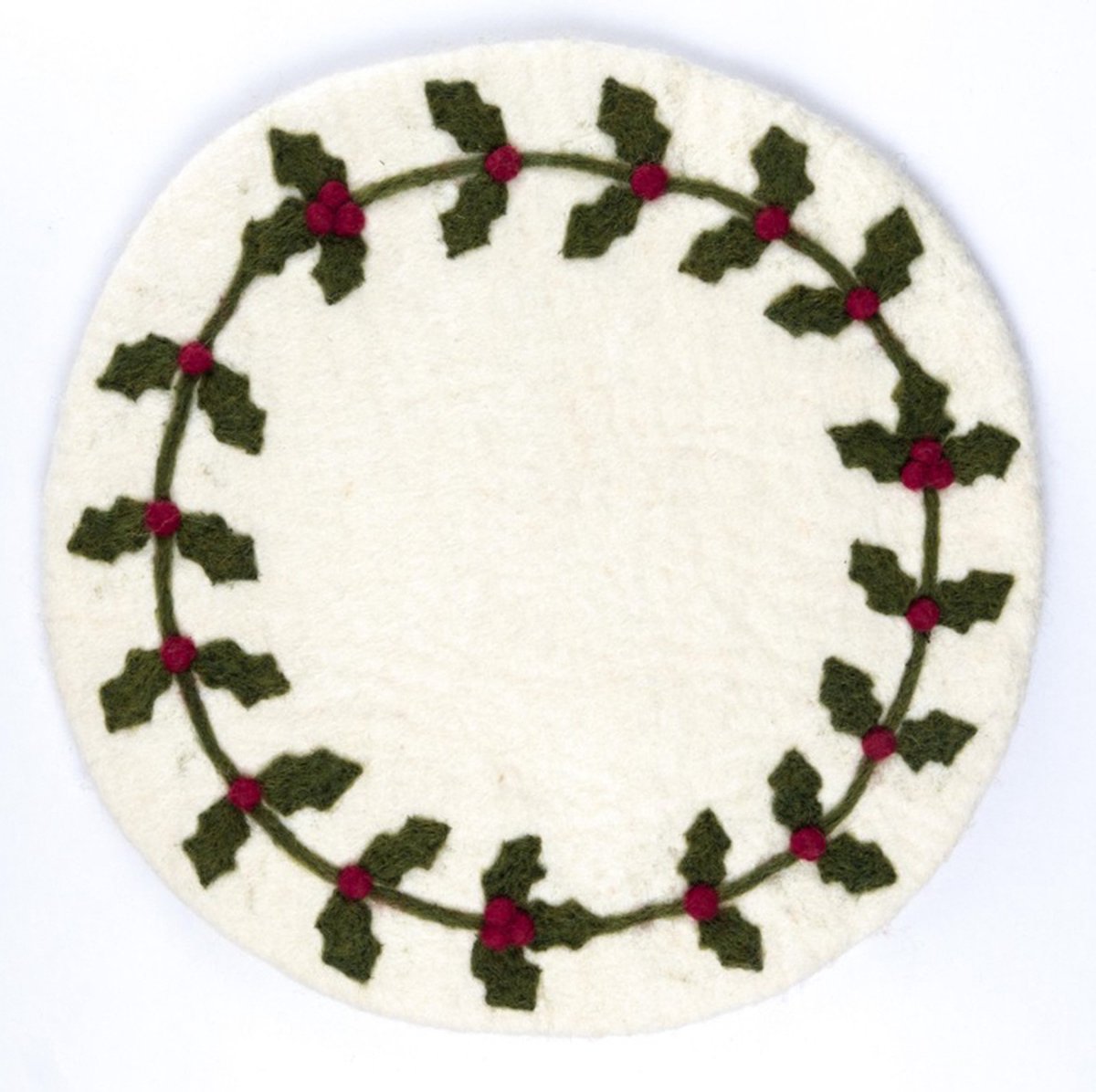 Onderzetter Vilt Hulst/Holly Berry - Rood/Groen/Wit - 35cm - Fairtrade