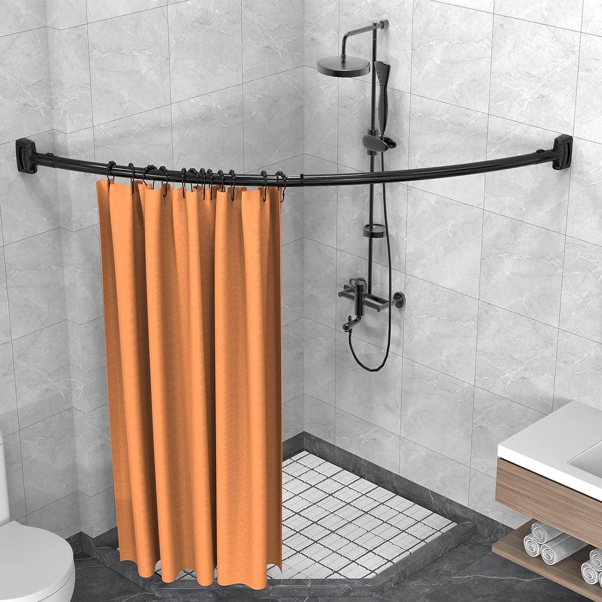Hershii Verstelbare gebogen douchegordijnstang wandmontage L-vormige badkamer hoekgordijnhanger paal bad metalen douchestang (35,43-51,18) x (35,43-51,18) inch, boren om te installeren