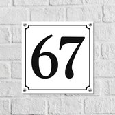 Huisnummerbord Wit Dibond Deluxe - Nummer 67 - incl. bevestiging | - naambord - nummerbord - voordeur | formaat 12 x 12 cm | - huisnummerbordje - nummerbord - voordeur
