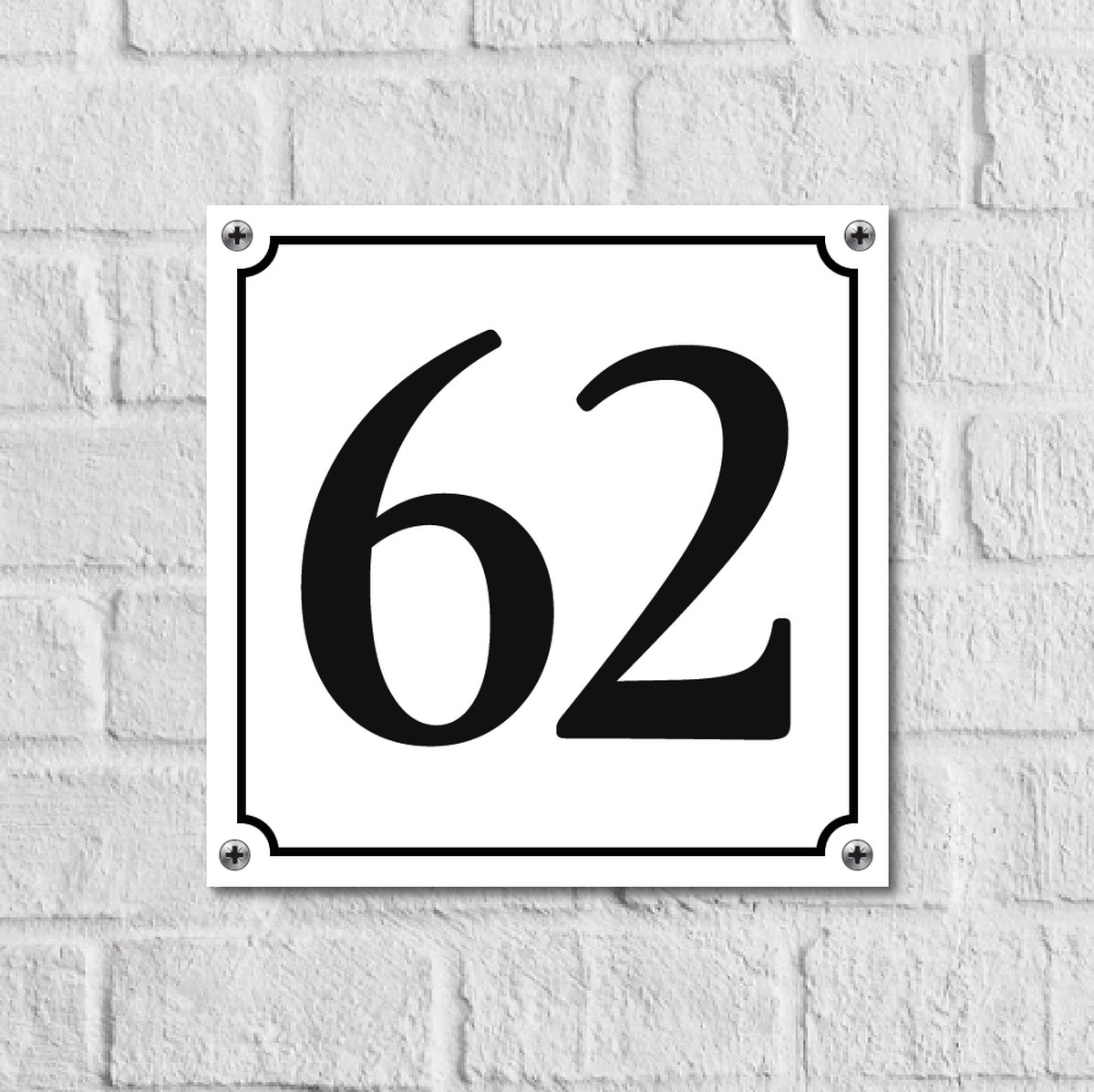 Huisnummerbord Wit Dibond Deluxe - Nummer 62 - incl. bevestiging | - naambord - nummerbord - voordeur | formaat 12 x 12 cm | - huisnummerbordje - nummerbord - voordeur