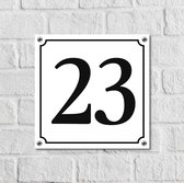 Huisnummerbord Wit Dibond Deluxe - Nummer 23 - incl. bevestiging | - naambord - nummerbord - voordeur | formaat 12 x 12 cm | - huisnummerbordje - nummerbord - voordeur