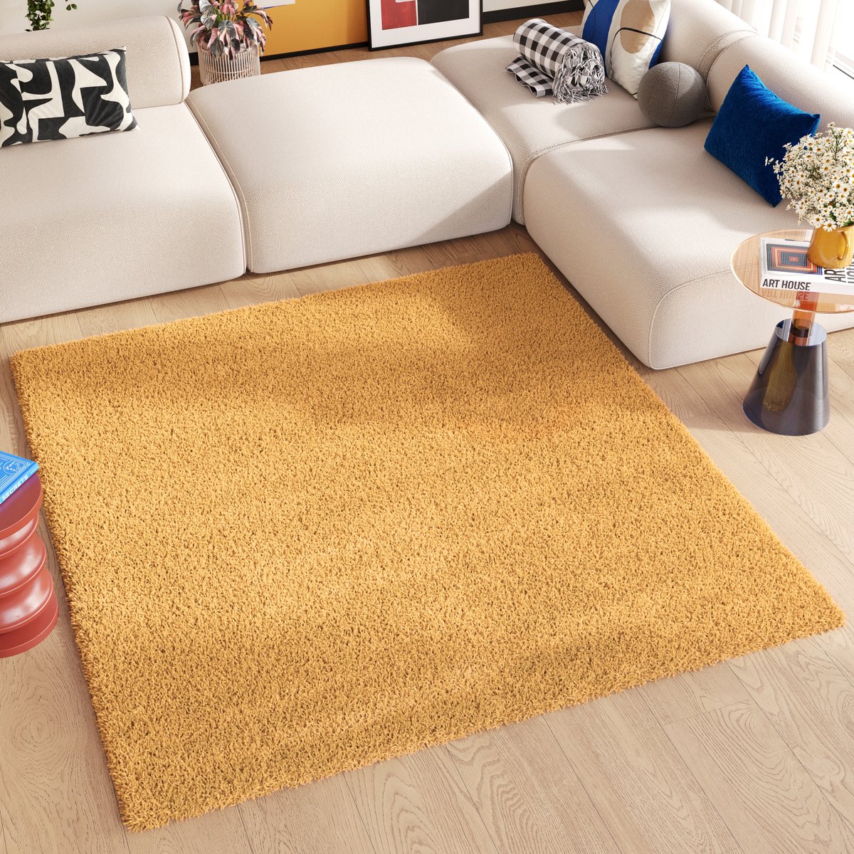 Tapiso Essence Square Vloerkleed Geel Modern Hoogpolig Tapijt Maat- 120x120