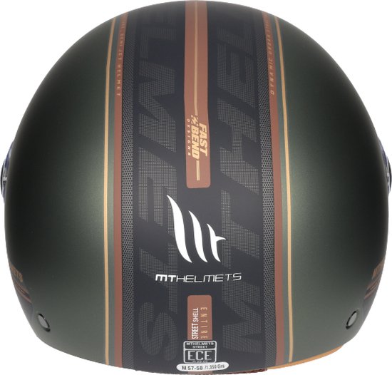 Achterkant van een donkergroene helm met bruine en gouden verticale strepen en "MT HELMETS" logo.