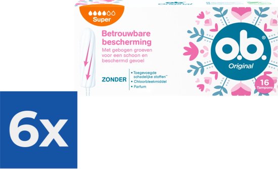 O.B. Tampons - Original Super Plus - Gebogen Groeven - 16 stuks - Voordeelverpakking 6 stuks