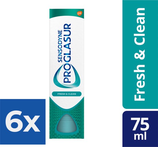 6x Sensodyne ProGlasur tandpasta Fresh & Clean 75ml, in witte en groene verpakking.