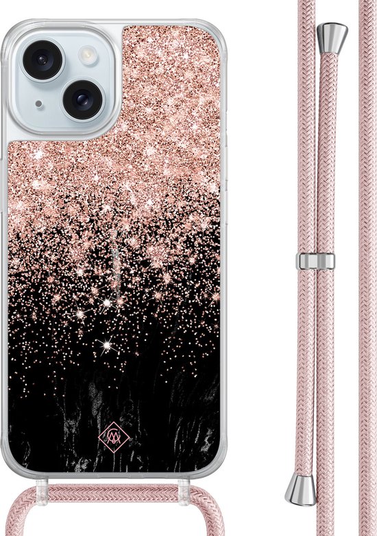 Casimoda® - Coque iPhone 15 avec cordon or rose - Torsade marbrée - Cordon détachable - TPU/acrylique