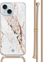 Casimoda® - Coque iPhone 15 avec cordon beige - Marbre doré - Cordon détachable - TPU/acrylique