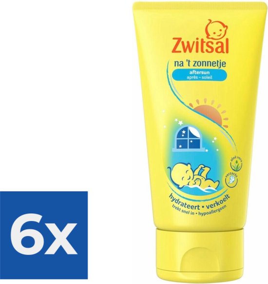 Gele Zwitsal aftersun tube, met afbeelding baby, zon en sterren, plus '6x' in blauw kader.