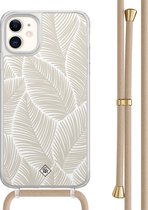 Casimoda® hoesje met beige koord - Geschikt voor iPhone 11 - Palm Leaves Beige - Afneembaar koord - TPU/acryl - Bruin/beige