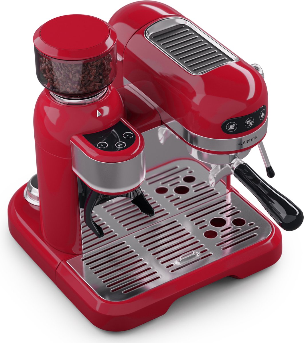Klarstein Espresso Portafiltermachine Met Melkopschuimer & Molen - 4 Liter - Retro Mini-Espressomachine - 1550W - Koffiezetapparaat - Cappuccino - Rood