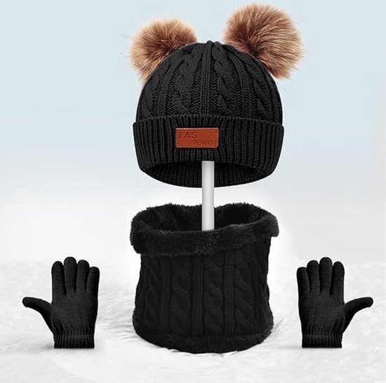 Bonnet d'hiver 3 en 1 Zwart pour enfant, écharpe, gants, bonnet en tricot  thermique