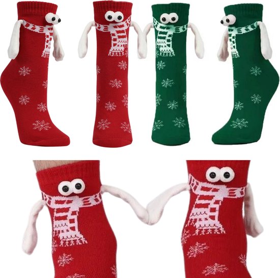 Schattige sokken met Magneten in Handjes, Sjaal en Ogen - 2 paar Sokken maat 35-43 - groen & rood