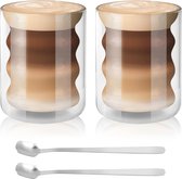 Dubbelwandige glazen, set van 2, 200 ml, latte macchiato-glazen, cappuccinokopjes, koffieglazen van borosilicaatglas, thermoglas met 2 lepels, ijsbeker, glas, dessertglazen