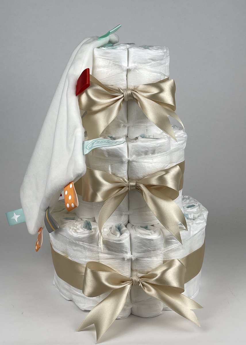 Chouette-Chouette | Luiertaart Neutraal | Kraamcadeau | Geboorte Jongen Meisje | Babyshower | Knuffeldoek Labels Wit - Beige