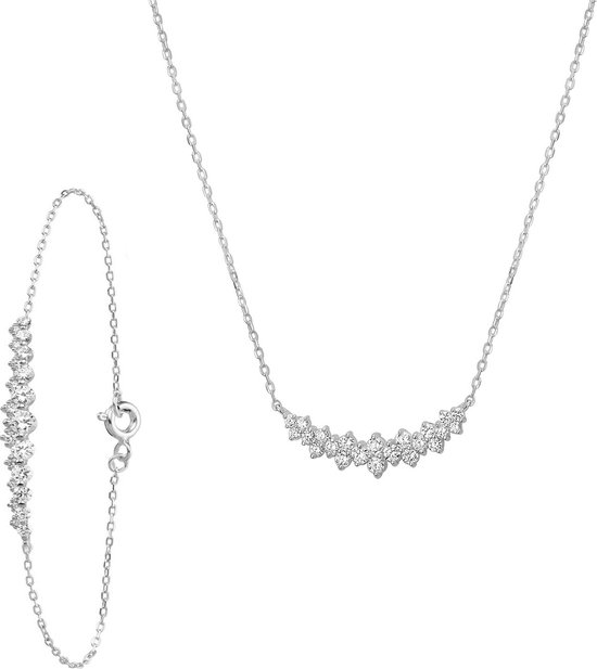 Lucardi Dames Zilveren set ketting en armband bloem zirkonia - Cadeau Set - 925 Zilver - Zilverkleurig