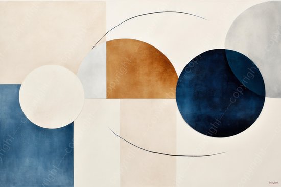 JJ-Art (Aluminium) 120x80 | Abstract in modern minimalisme, zachte tinten, kunst, woonkamer | cirkels, figuren, Kandinsky, beige, bruin, blauw, wit | foto-schilderij op dibond, metaal wanddecoratie