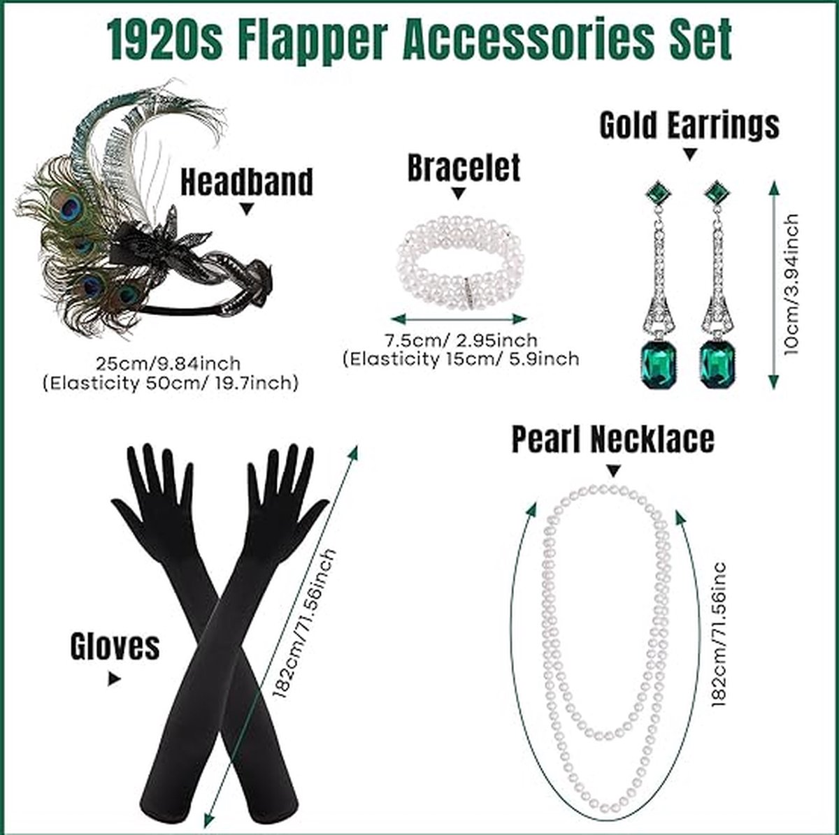 MIVAIUN Flapper Hoofdband Accessoire Set – Jaren 20, Met Veer, Handschoenen En Parelketting, Vintage Gatsby Stijl