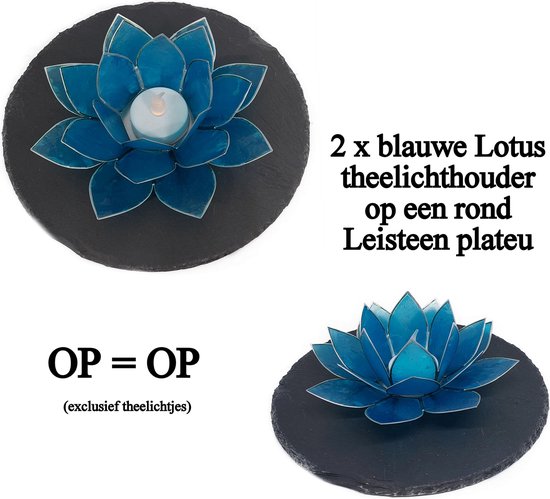 Lotus blauw 2 stuks theelichthouder - OP = OP - met Leisteen rond plateau
