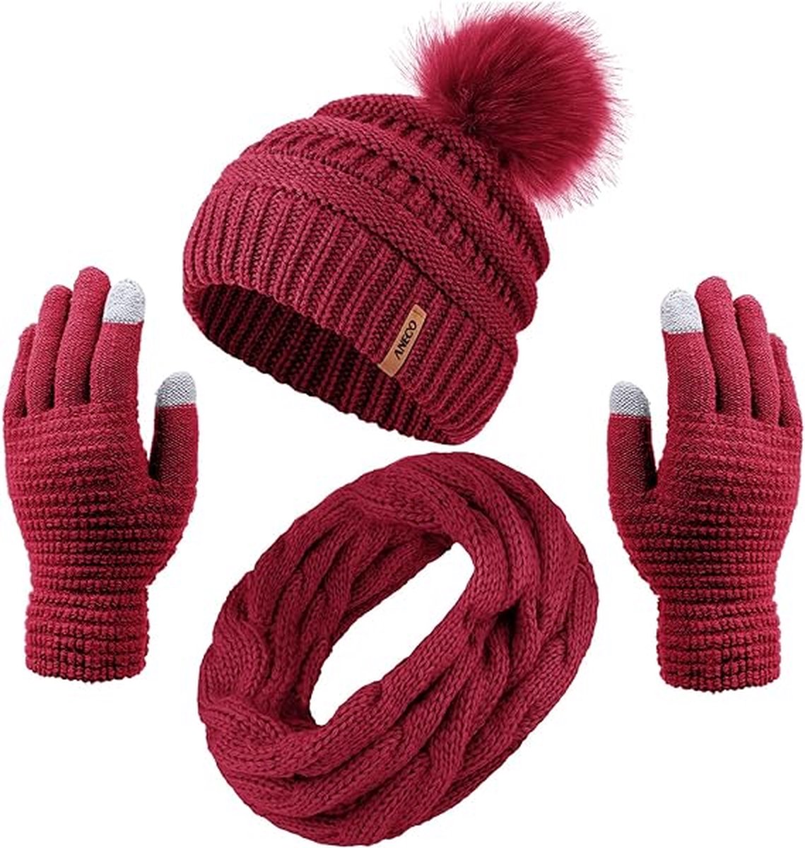 Winterset 3-delig - Donkerrood - Muts met pom pom, ronde sjaal, touchscreen handschoenen - 3 stuks - One-size - Black Friday 2023 - Kerstcadeau