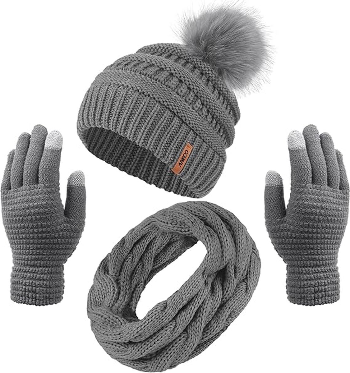 Winterset 3-delig - Donkergrijs - Muts met pom pom, ronde sjaal, touchscreen handschoenen - 3 stuks - One-size - Black Friday 2023 - Kerstcadeau