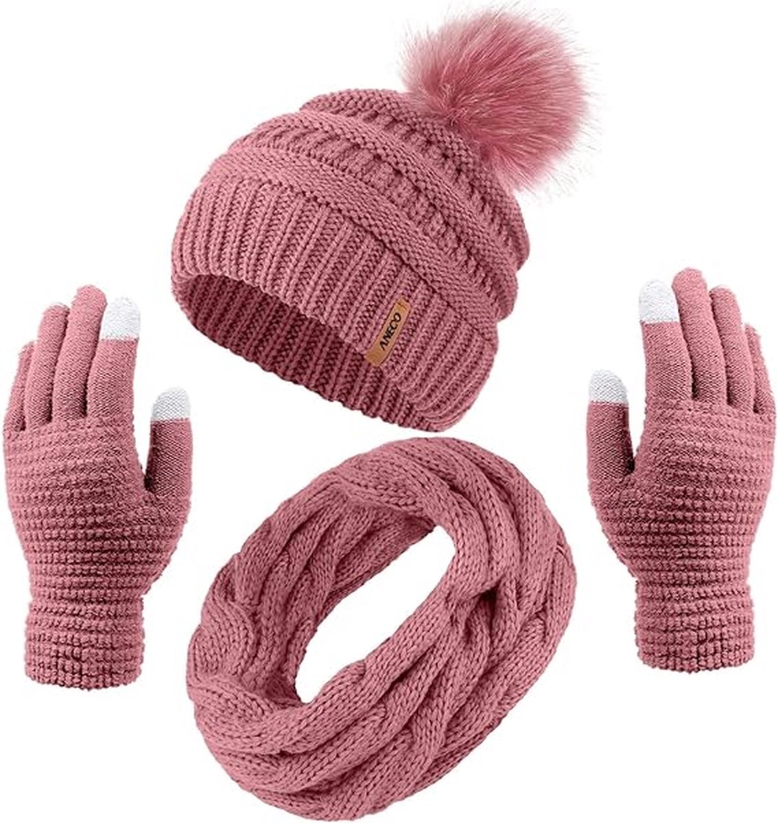 Winterset 3-delig - Roze - Muts met pom pom, ronde sjaal, touchscreen handschoenen - 3 stuks - One-size - Black Friday 2023 - Kerstcadeau