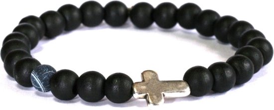 Heaven Eleven - heren armband - Zwart Hout met Agaat natuursteen kraal met Zilverkleurige kruis 8mm - 21cm