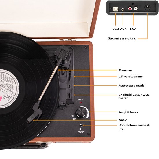 Denver Platenspeler - Ingebouwde Speakers - Incl. PC Software - Auto-stop - Retro - VPL120 - Bruin — afbeelding 3