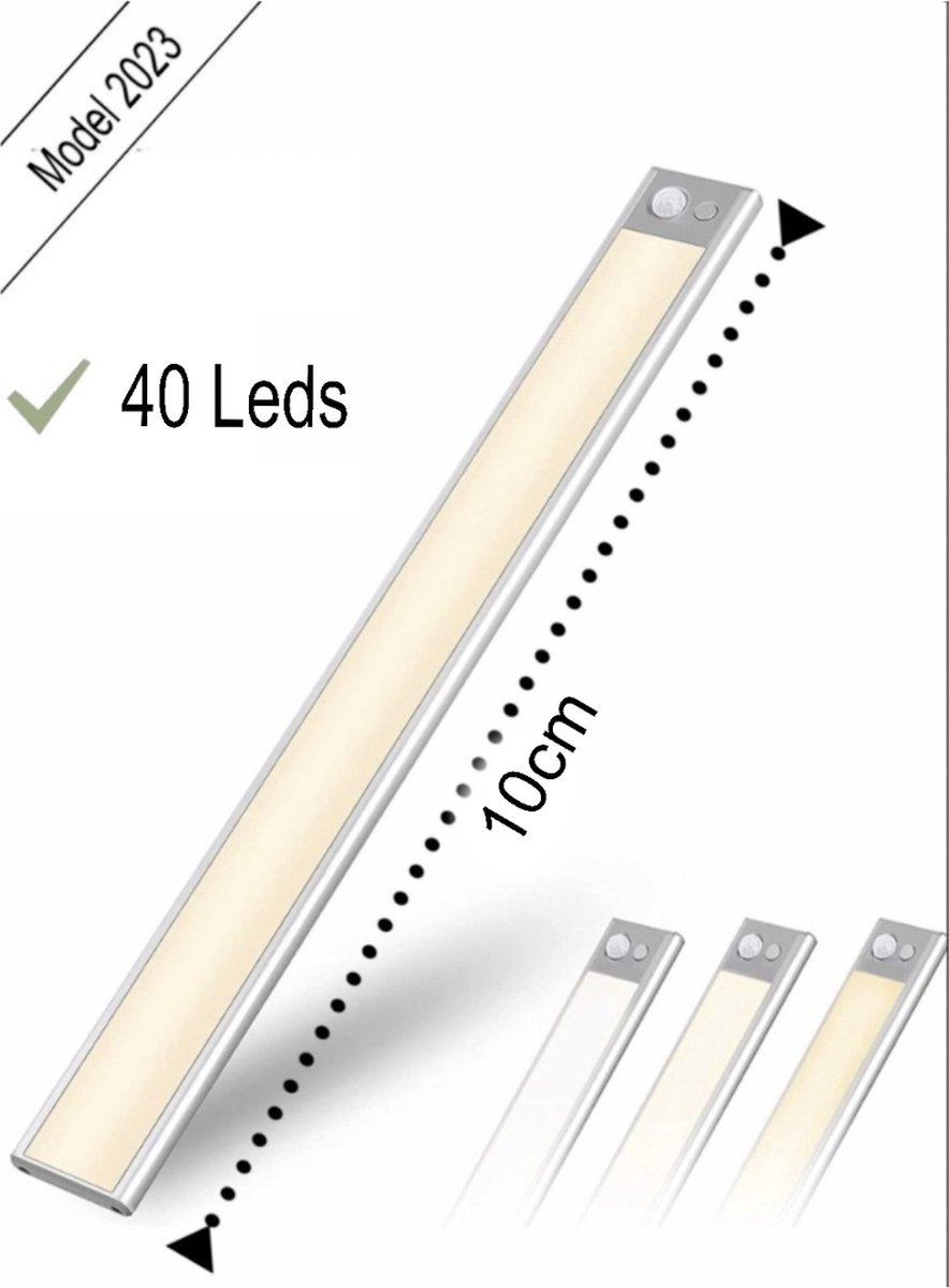 Led lamp - Led Strip - 10 cm-40 Leds -Accu -3 standen -warm licht, koud licht, fel licht - Opladen USB C -Lichtsensor- Magnetische Ophanging -Magneet-Trapverlichting-Keuken-Kast
