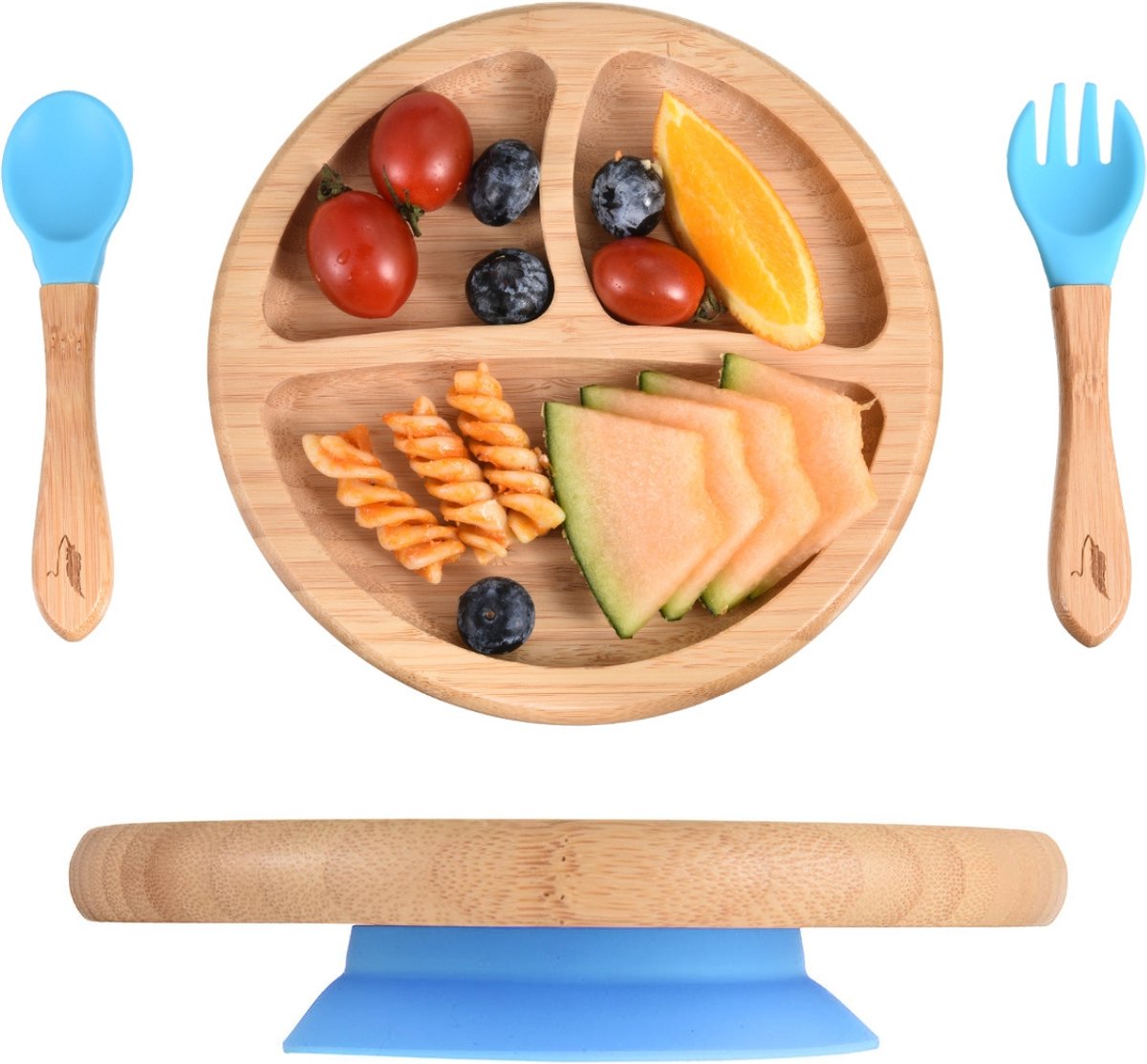 Pencilluxe® Rond Bamboe Baby Bord (Blauw) - Baby Cadeau - Kinderservies set - Zuignap - Kinderbord - Baby servies - Baby bestek - Melamine & BPA-vrij - Vakjesbord - Kraammand - Kraamcadeau - Babyshower cadeau - Baby - Geboorte Cadeau - Kraamvisite