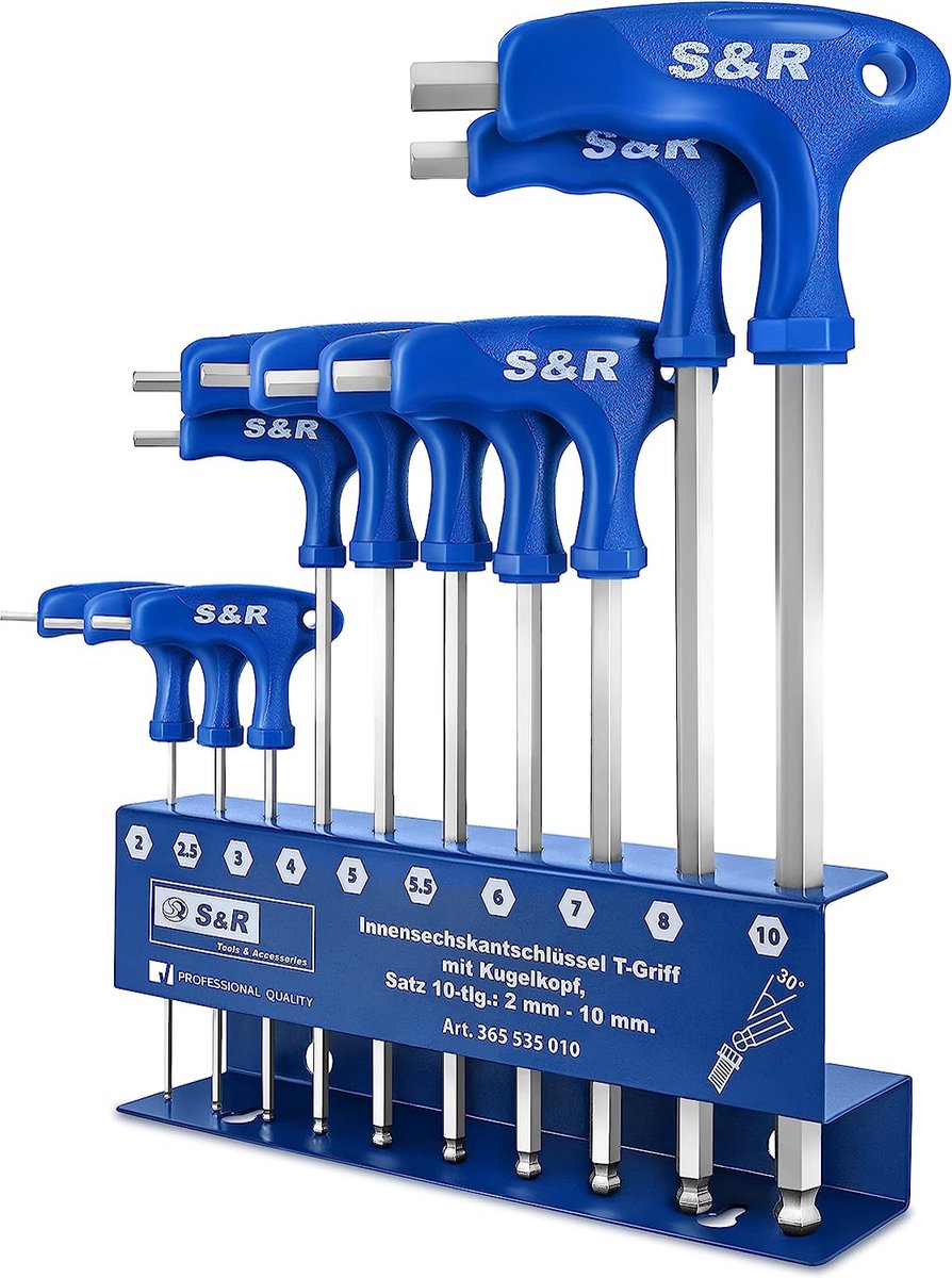 Zeskantsleutelset HX, T-handvat, met kogelkop, metalen gereedschapshouder, 10 stuks, 2-10 mm, metrisch.