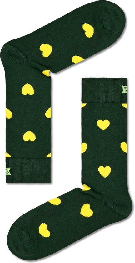 Chaussettes vert foncé avec des cœurs jaunes et un logo sur le revers.