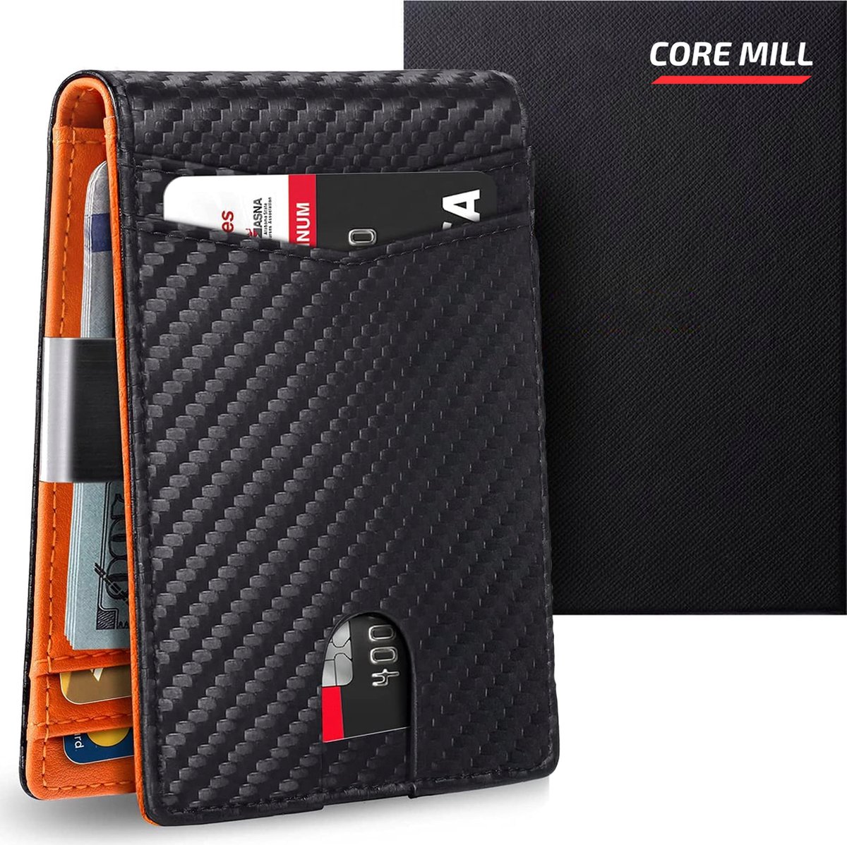 Core-Mill Pasjeshouder Wallet - RFID Veilig - Heren Portemonnee - Moneyclip - 12 Pasjes + Briefgeld - Carbon Leer - CoreMill