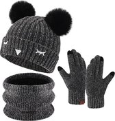 Ensemble hiver 3 pièces - Zwart - 3 à 10 ans - Bonnet avec pompon, écharpe, gants tactiles pour enfant - Ensemble 3 pièces pour fille et garçon