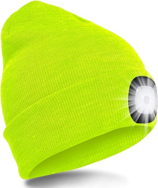 Bonnet LED, chapeau lumineux avec lumière, chapeau de course pour femmes et hommes, avec chapeau rechargeable USB, hiver, chaud, lampe frontale avec lumière LED, pour joggeurs, camping, course à pied, jaune.
