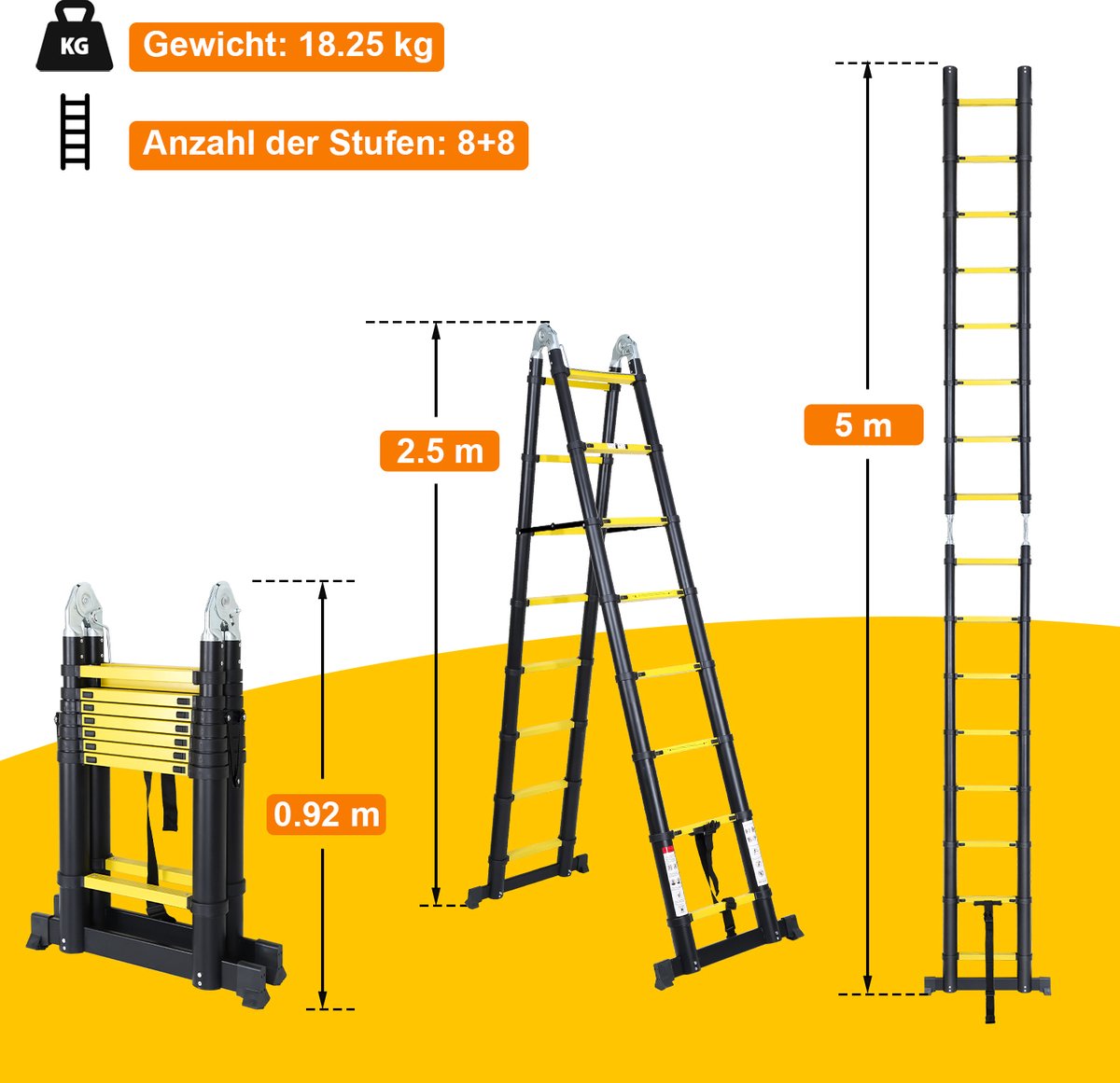 Telescopische Vouwladder - Telescopische Ladders - Soft Close - Werkhoogte 2,5+2,5 m -geel zwart met stabilisator + wielen – foto 2