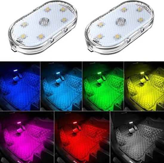 Twee ovalen LED-lampjes met meerdere kleuren verlichting onder de autovoeten.