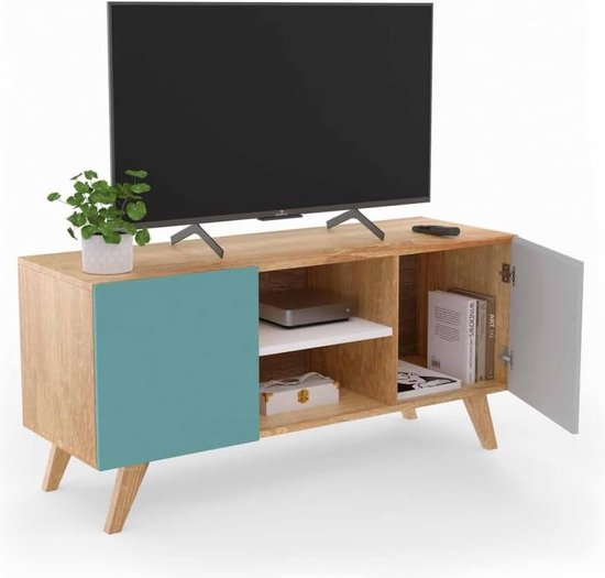 Scandinavische tv-kast Alice, blauw, grijs en wit, 113 cm