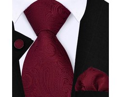 Sorprese Stropdas met Pochet en Manchetknopen - Paisley Bordeaux rood - 8cm - 100% Zijde - Pochette - Kerst
