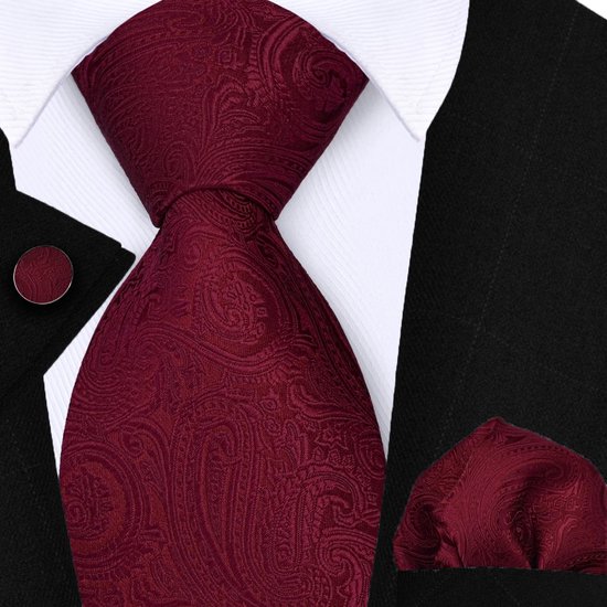 Cravate Sorprese avec pochette et Boutons de manchette - Paisley Bordeaux rouge - 8cm - 100% Soie - Pochette - Noël