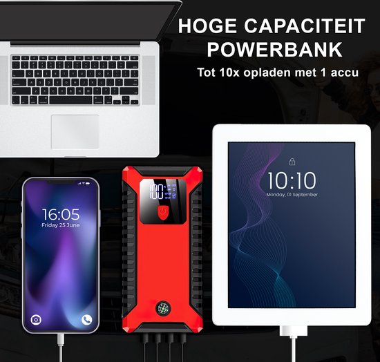 Rode jumpstarter met laptop, smartphone en tablet.