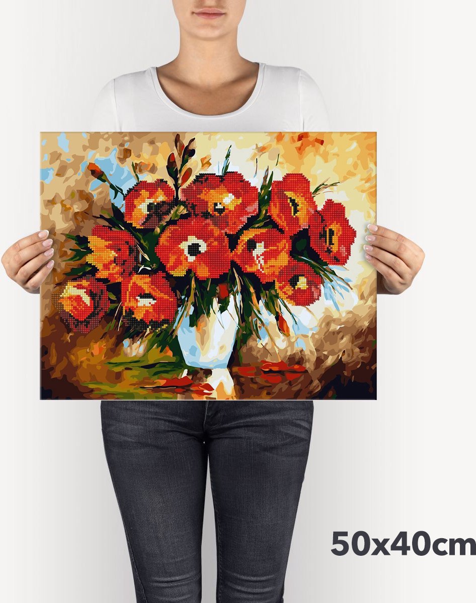Schilderen Op Nummer Volwassenen DIY Hybrid Paint By Number Diamond Painting - Compleet Hobby Pakket op Frame met Vernis - ®Arty Bee - Klaprozen Boeket - 40x50cm — afbeelding 5