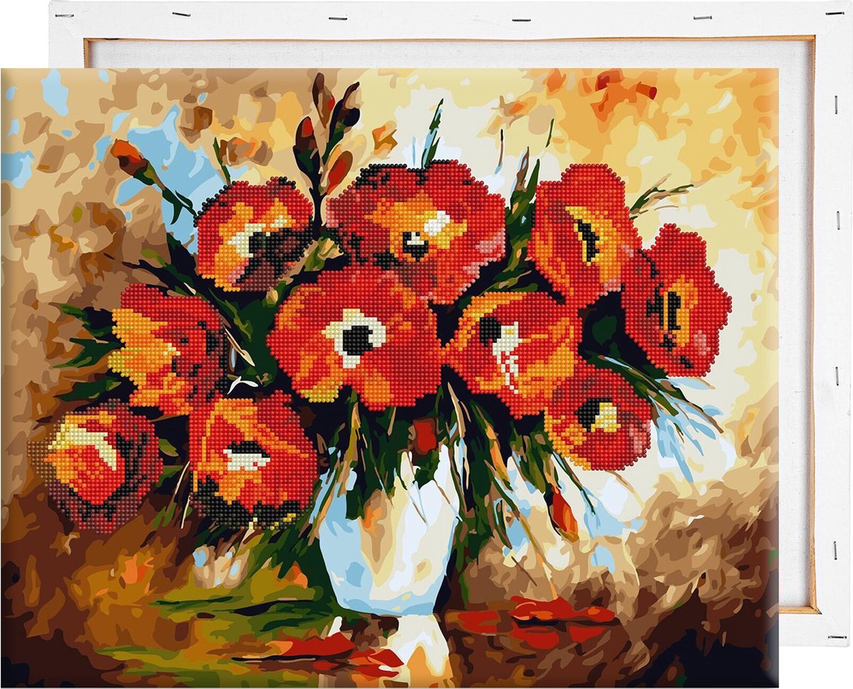 Schilderen Op Nummer Volwassenen DIY Hybrid Paint By Number Diamond Painting - Compleet Hobby Pakket op Frame met Vernis - ®Arty Bee - Klaprozen Boeket - 40x50cm — afbeelding 7