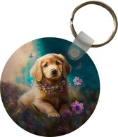 Sleutelhanger - Puppy - Bloemenkrans - Vlinder - Hond - Golden retriever - Plastic - Rond - Uitdeelcadeautjes