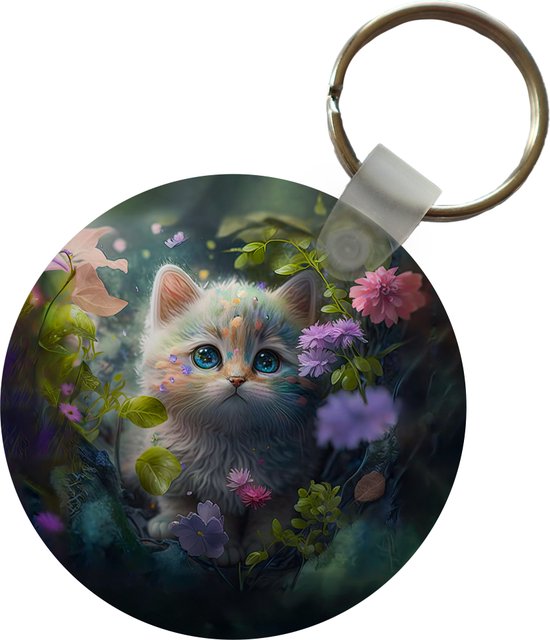 Sleutelhanger rond - Kat met bloemen - Plastic sleutelhangers - Uitdeelcadeautjes meisjes - Cadeautjes meiden - Katten traktatie