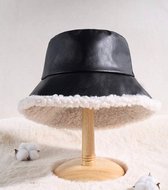 F I K A - Bucket Hat - Zwart leer - Verstelbaar - Teddy - Imitatieleer - Dames - Winter - Fashion - Warme hoed/muts - Waterbestendig - regenbestendig - waterproof